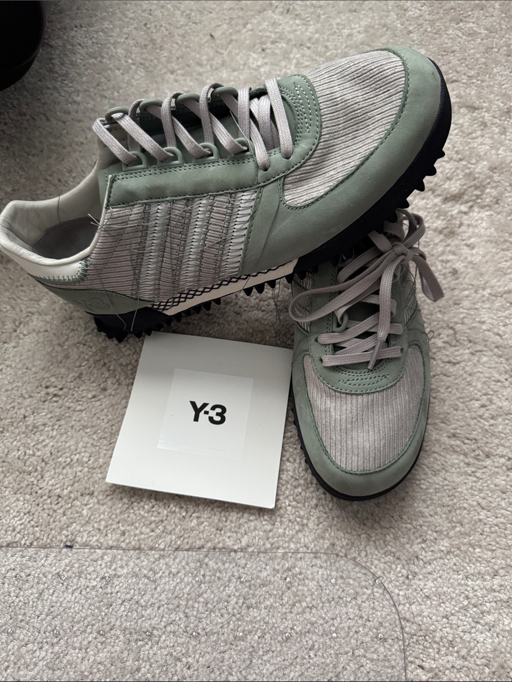 Y-3 Men's Sage Green & Light Gray Corduroy Suede Sneakers